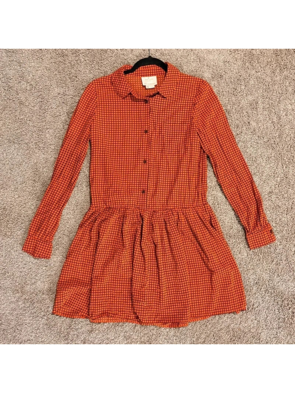 Kate Spade Grid Print Shirt Dress Womens 10 Orange Black Viscose